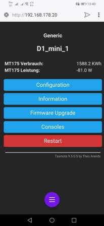 Ansicht Stromzähler über Webbrowser am Smartphone, Jan 2022